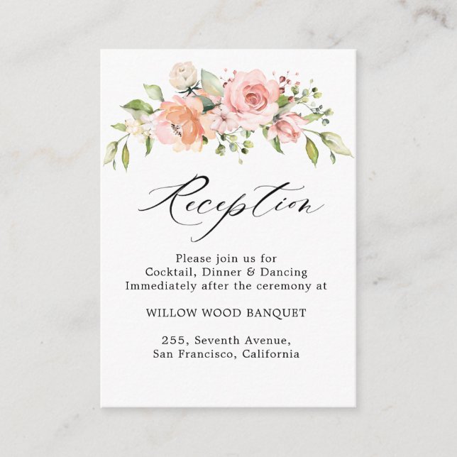 Carte D'accompagnement Réception de mariage florale rose pastel blush (Devant)