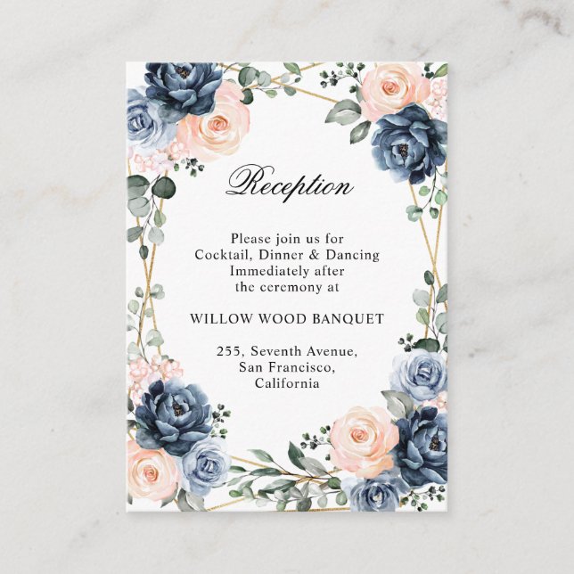 Carte D'accompagnement Réception de mariage géométrique floral bleu pouss (Devant)