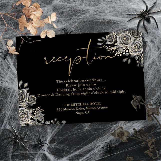 Carte D'accompagnement Réception De Mariage Gothique Noir Et Or (Black And Gold Gothic Wedding Reception Enclosure Card)
