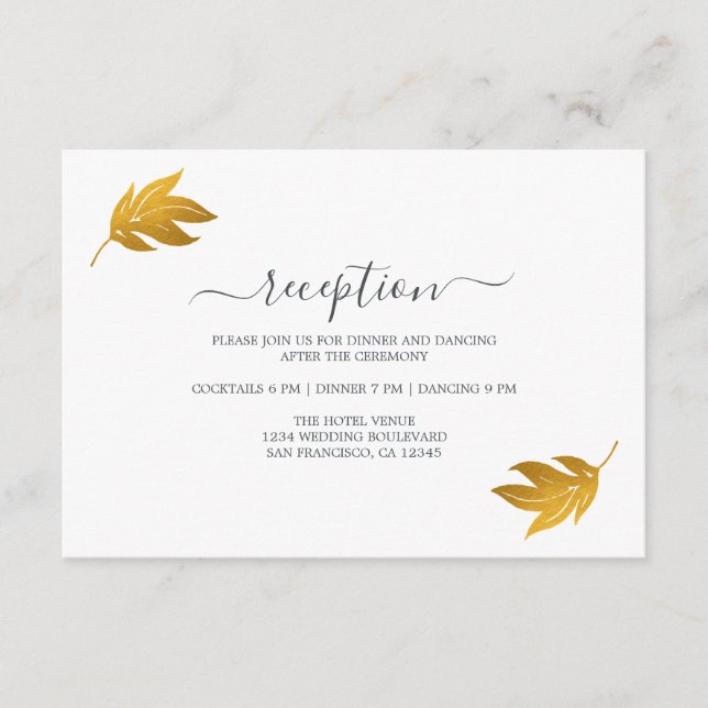 Carte D'accompagnement Réception De Mariage Minimale De Feuille D'Or Chic (Devant)