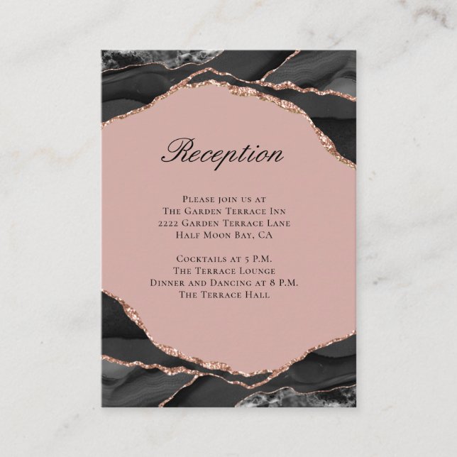 Carte D'accompagnement Réception de mariage moderne Agate noir or rose (Devant)
