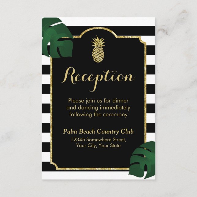 Carte D'accompagnement Réception de mariage moderne Hawaï or Ananas (Devant)