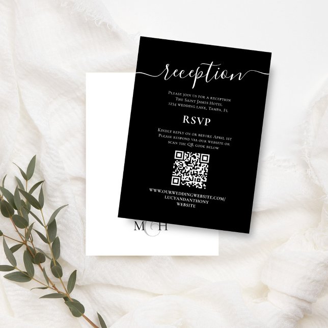 Carte D'accompagnement Réception de mariage noir et blanc RSVP (Simple black and white reception and RSVP card with QR Code. )