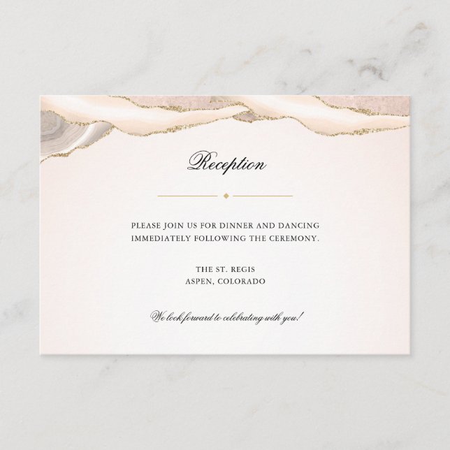 Carte D'accompagnement Réception de mariage rose et agate dorée (Devant)