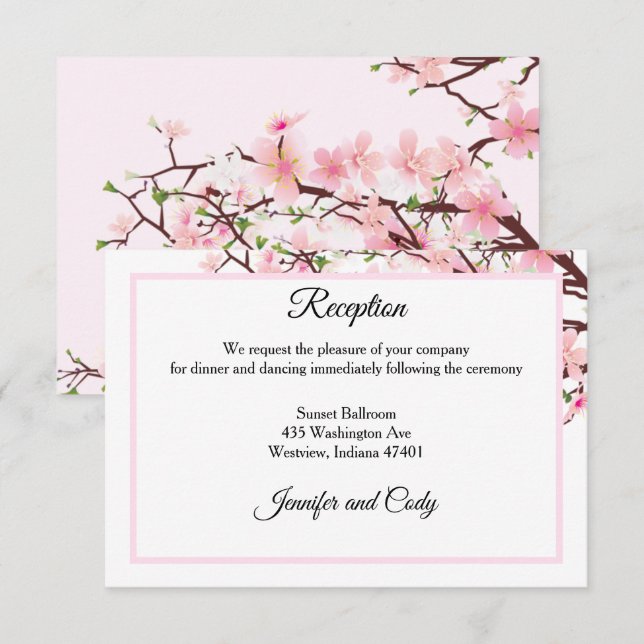 Carte D'accompagnement Réception de mariage rose pour fleurs de cerisiers (Devant / Derrière)