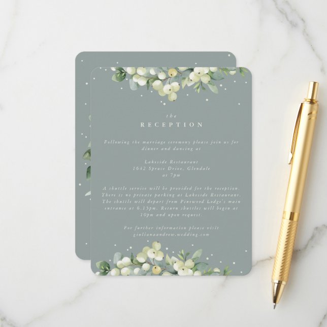 Carte D'accompagnement Réception de mariage Seafoam Snowberry+Eucalyptus (Devant/Arrière en situation)