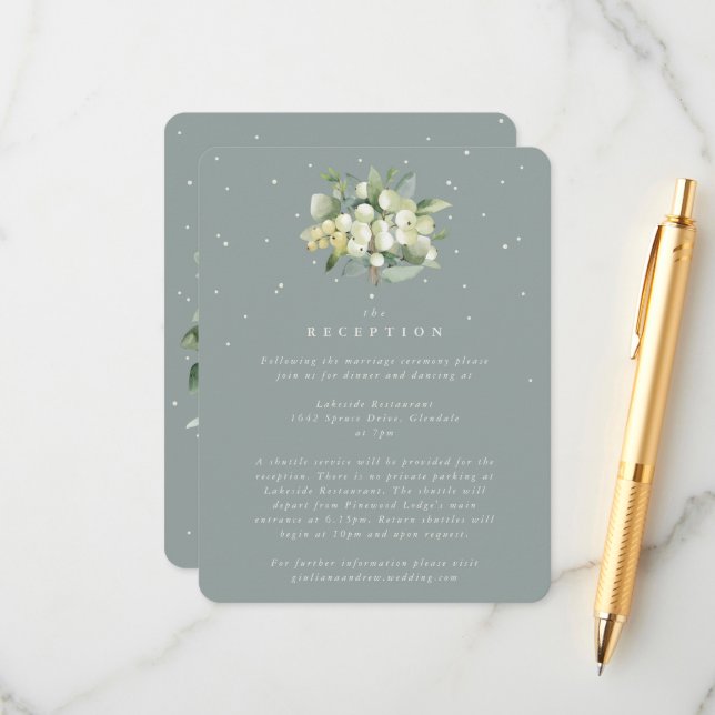 Carte D'accompagnement Réception de mariage Seafoam Snowberry+Eucalyptus (Devant/Arrière en situation)