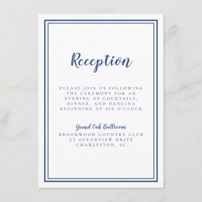Carte D'accompagnement Réception de mariage simple Bleu encadré blanc (Devant)