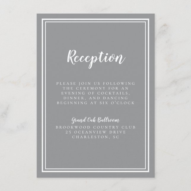 Carte D'accompagnement Réception De Mariage Simple Gris Chic Cadre Blanc (Devant)
