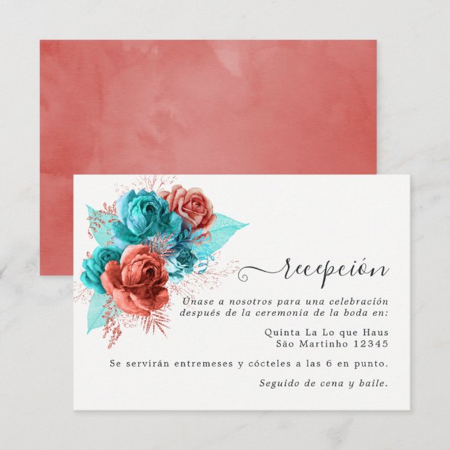 Carte D'accompagnement Réception de mariage turquoise et corail espagnol  (Devant / Derrière)