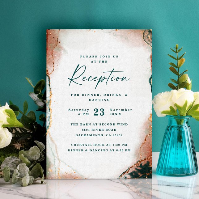 Carte D'accompagnement Réception de mariage Turquoise et cuivre moderne (Modern abstract teal and copper wedding reception invitation card.)