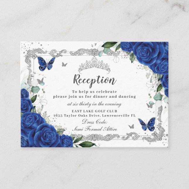Carte D'accompagnement Réception de Quinceañera papillon floral bleu roya (Devant)