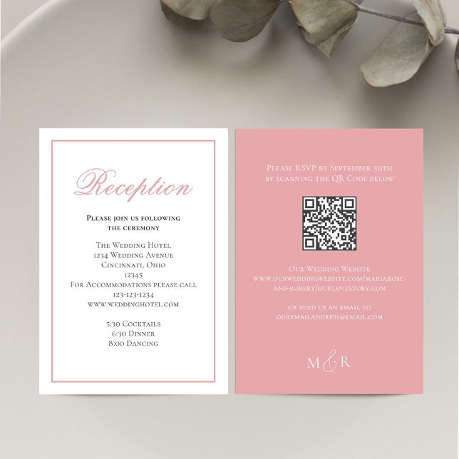 Carte D'accompagnement Réception du script de calligraphie rose vif RSVP (Blush pink reception card with a scannable QR Code template. )