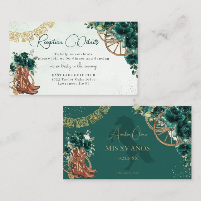 Carte D'accompagnement Réception Emerald Green Floral Charro Quinceañera (Devant / Derrière)