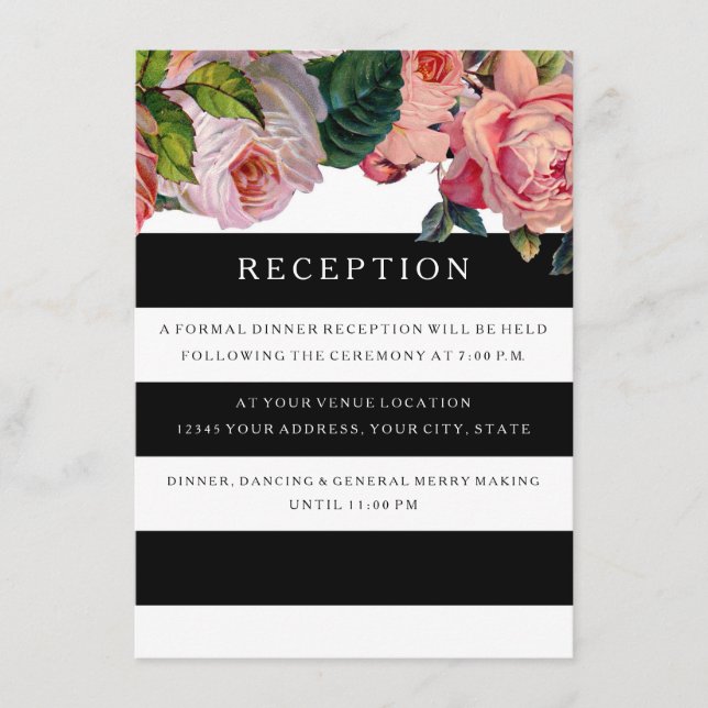 Carte D'accompagnement Réception MODERNE Rayures larges avec Roses ancien (Devant)