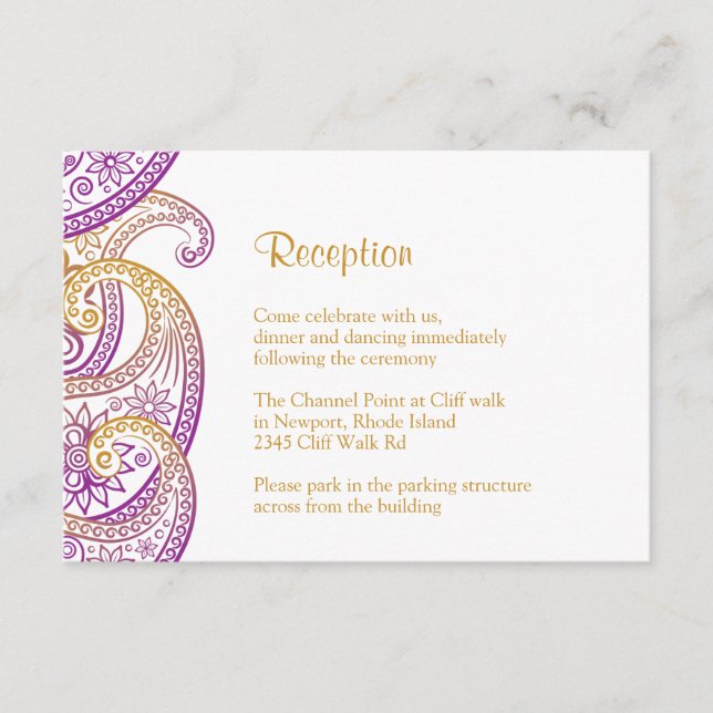 Carte D'accompagnement Réception Purple & Gold Paisley, Mariage indien (Devant)