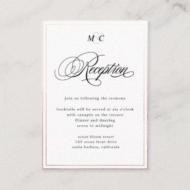 Carte D'accompagnement Réception rose gold Calligraphie élégante (Devant)