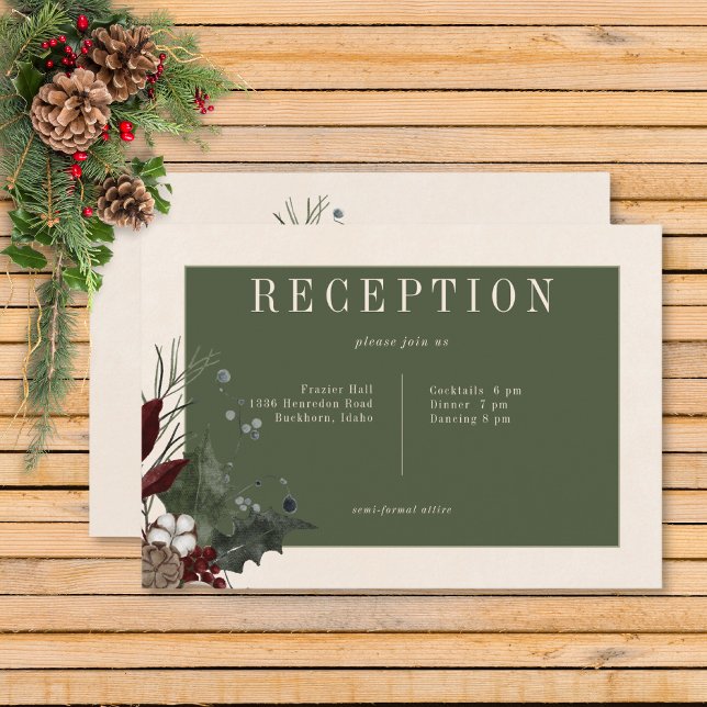Carte D'accompagnement Réception Rustique des baies d'hiver et de la crèm (Rustic Winter Berries & Pine Cream Wedding Reception Card)