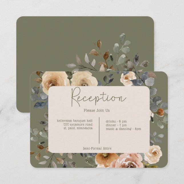 Carte D'accompagnement Réception Vert Sauge Roses Bohème Blanc Vanille (Devant / Derrière)