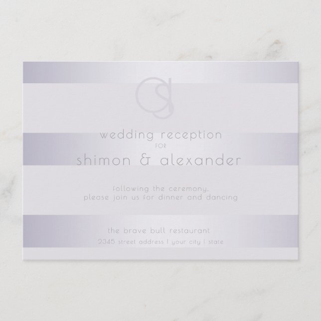 Carte D'accompagnement Réception | Violet Silver Shimmer Stripes Monogram (Devant)