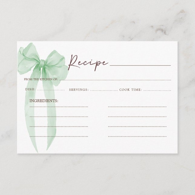 Carte D'accompagnement Recette de Baby Shower avec un Nœud Vert (Devant)