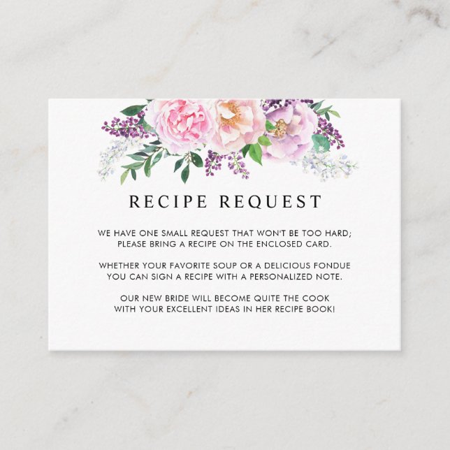 Carte D'accompagnement Recette de douche / mariage élégant pastel violet (Devant)