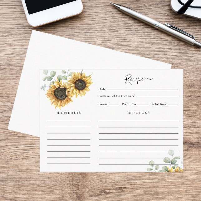 Carte D'accompagnement Recette de Fête des mariées de tournesol floral Eu (Floral Sunflower Eucalyptus Bridal Shower Recipe Enclosure Card)