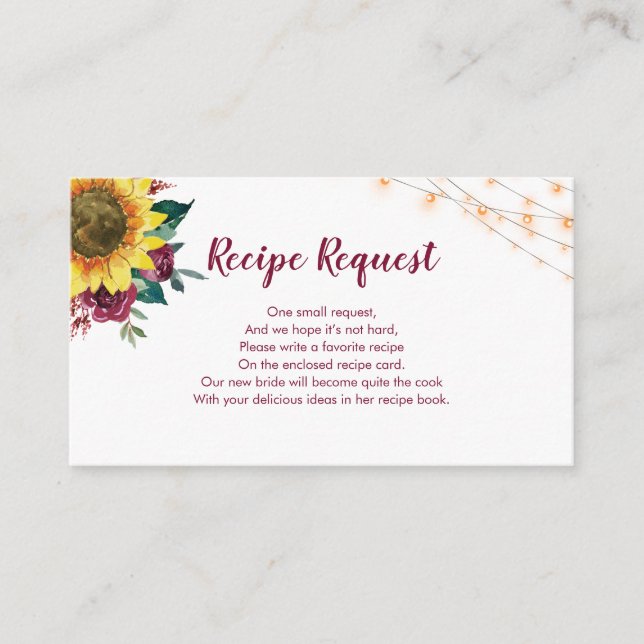 Carte D'accompagnement Recette Demande Sunflower Bourgogne Rose (Devant)