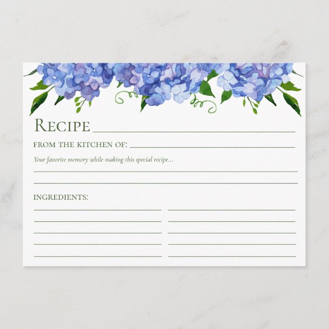 Carte D'accompagnement Recette florale Blue Hydrangea (Devant)