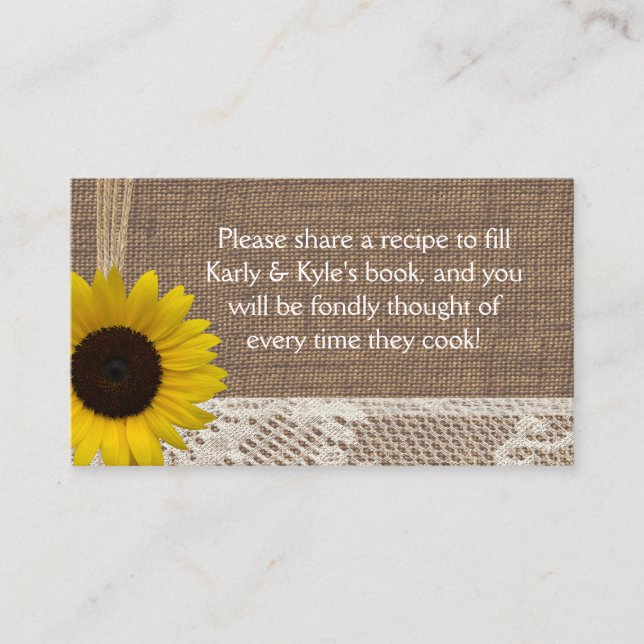 Carte D'accompagnement Recette ou registre Burlap et Sunflower (Devant)