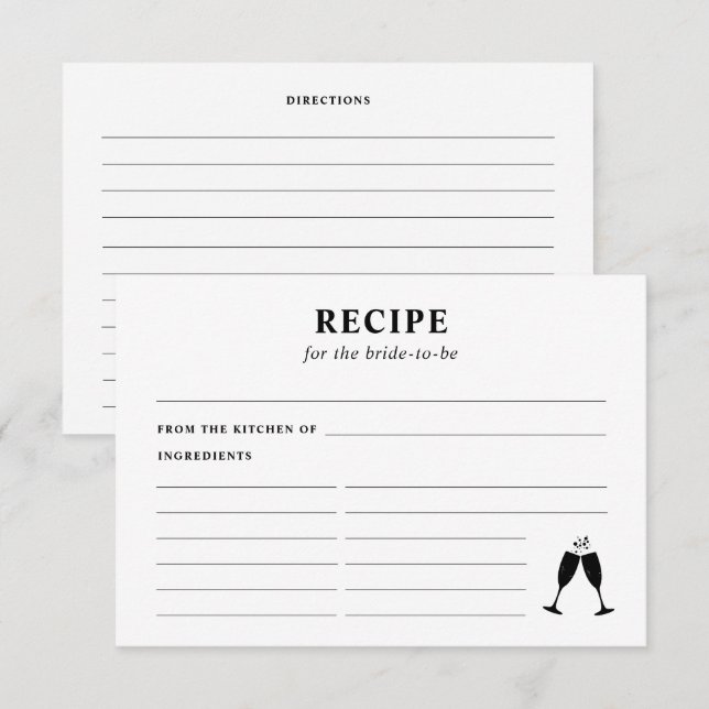 Carte D'accompagnement Recette pour la Fête des mariées de mariée (Devant / Derrière)