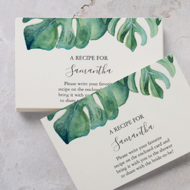 Carte D'accompagnement Recette Tropicale Pour La Mariée (Bridal shower invitations inserts recipe for the bride watercolor monstera leaves)