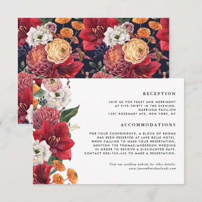 Carte D'accompagnement Red Amaryllis Botanical Winter Wedding Détails (Devant / Derrière)