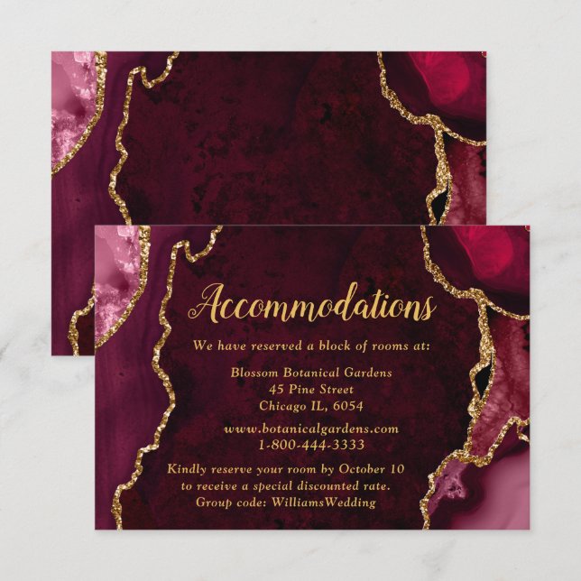 Carte D'accompagnement Red and Gold Agate Wedding Accommodations (Devant / Derrière)
