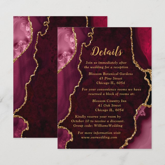 Carte D'accompagnement Red and Gold Agate Wedding Details (Devant / Derrière)