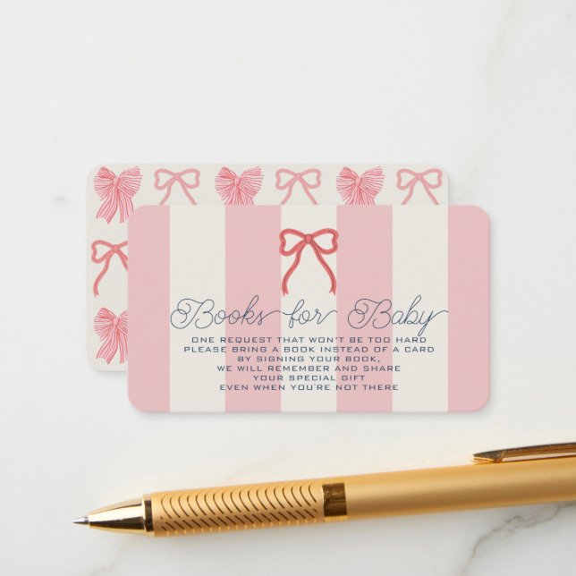 Carte D'accompagnement Red Bow & Pink Stripes Baby Shower Book Request (Devant/Arrière en situation)