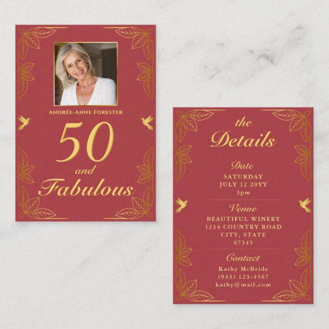 Carte D'accompagnement Red Gold moderne 50 Fabuleux anniversaire (Devant / Derrière)