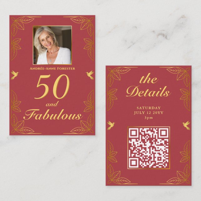 Carte D'accompagnement Red Gold moderne 50 Fabuleux code QR anniversaire (Devant / Derrière)