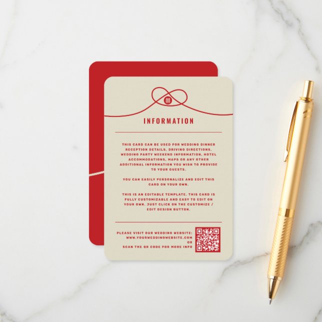 Carte D'accompagnement Red Knot Union Double Bonheur Mariage chinois (Devant/Arrière en situation)