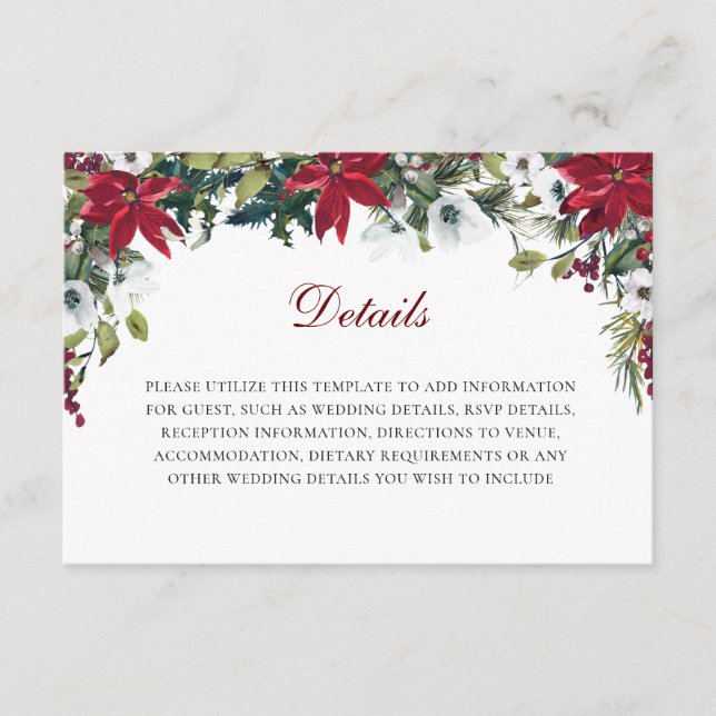 Carte D'accompagnement Red Poinsettia Floral Wedding Détails de la récept (Devant)
