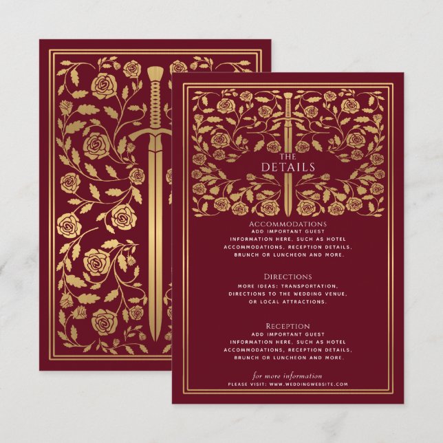 Carte D'accompagnement Red Royal Medieval Sword Détails du Mariage (Devant / Derrière)