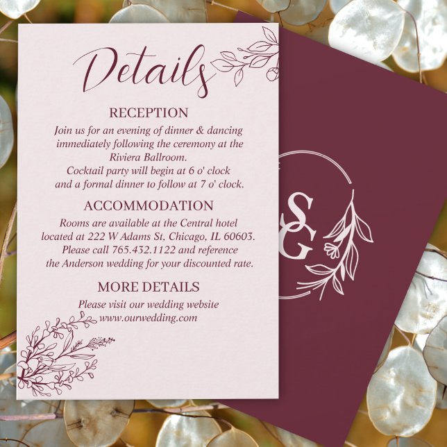 Carte D'accompagnement Red Wine Simple Boho Floral Détails du Mariage (Créateur téléchargé)