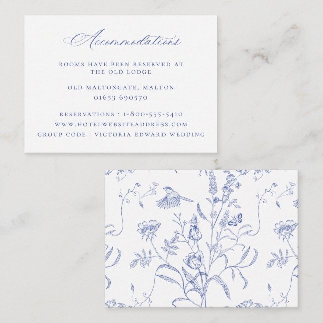 Carte D'accompagnement Regency Blue Floral Mariage Hébergements (Devant / Derrière)