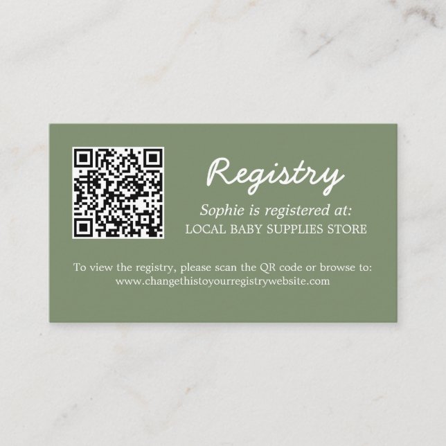 Carte D'accompagnement Registre baby shower QR Code Sage Green (Devant)