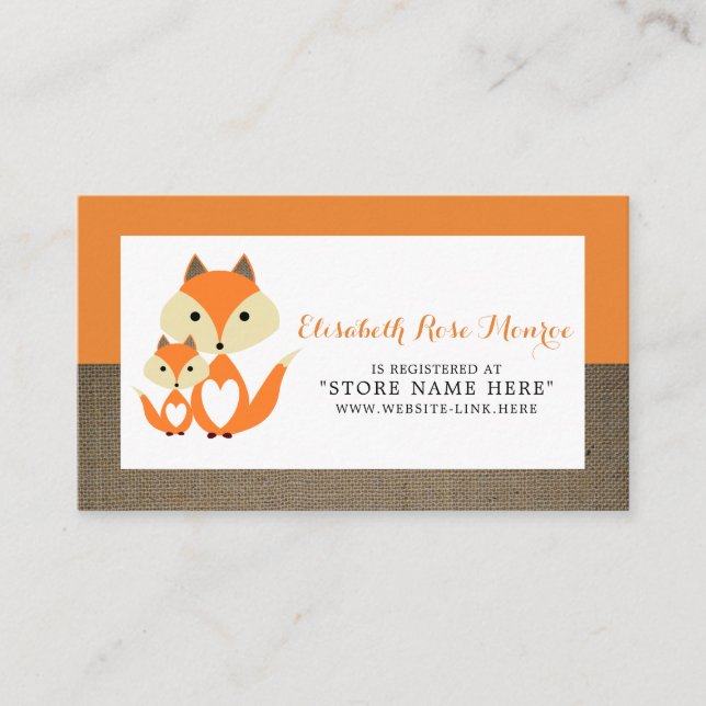 Carte D'accompagnement Registre cadeau Baby shower Orange Fox Burlap (Devant)