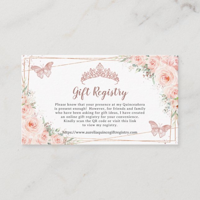 Carte D'accompagnement Registre cadeau Blush Floral Rose Gold Quinceanera (Devant)