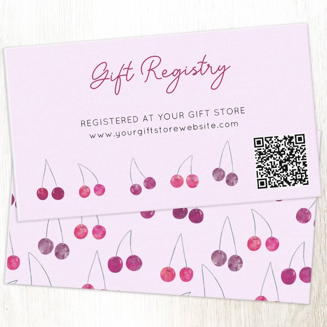 Carte D'accompagnement Registre cadeau de Baby shower rose cerise Code QR (Cherry pink custom text QR code gift registry enclosure card)