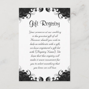 Carte D'accompagnement Registre cadeau de Mariage floral noir et blanc