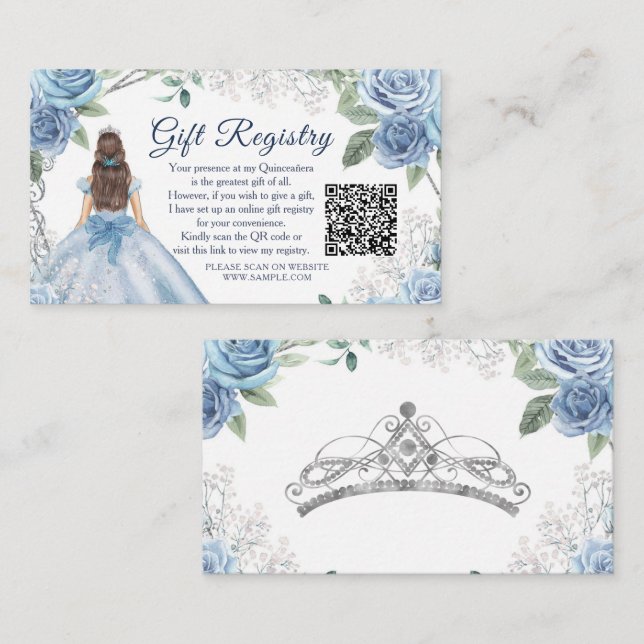 Carte D'accompagnement Registre cadeau Dusty Blue Floral Quinceañera QR (Devant / Derrière)