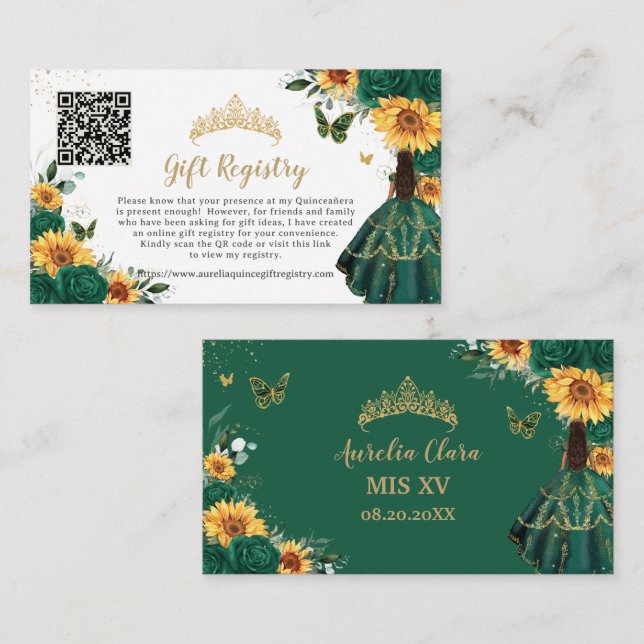 Carte D'accompagnement Registre cadeau Emerald Sunflower Floral Quinceañe (Devant / Derrière)